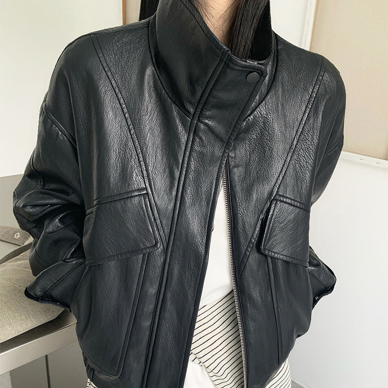 Black PU leather biker jacket with stand collar, front zip, flap chest pockets