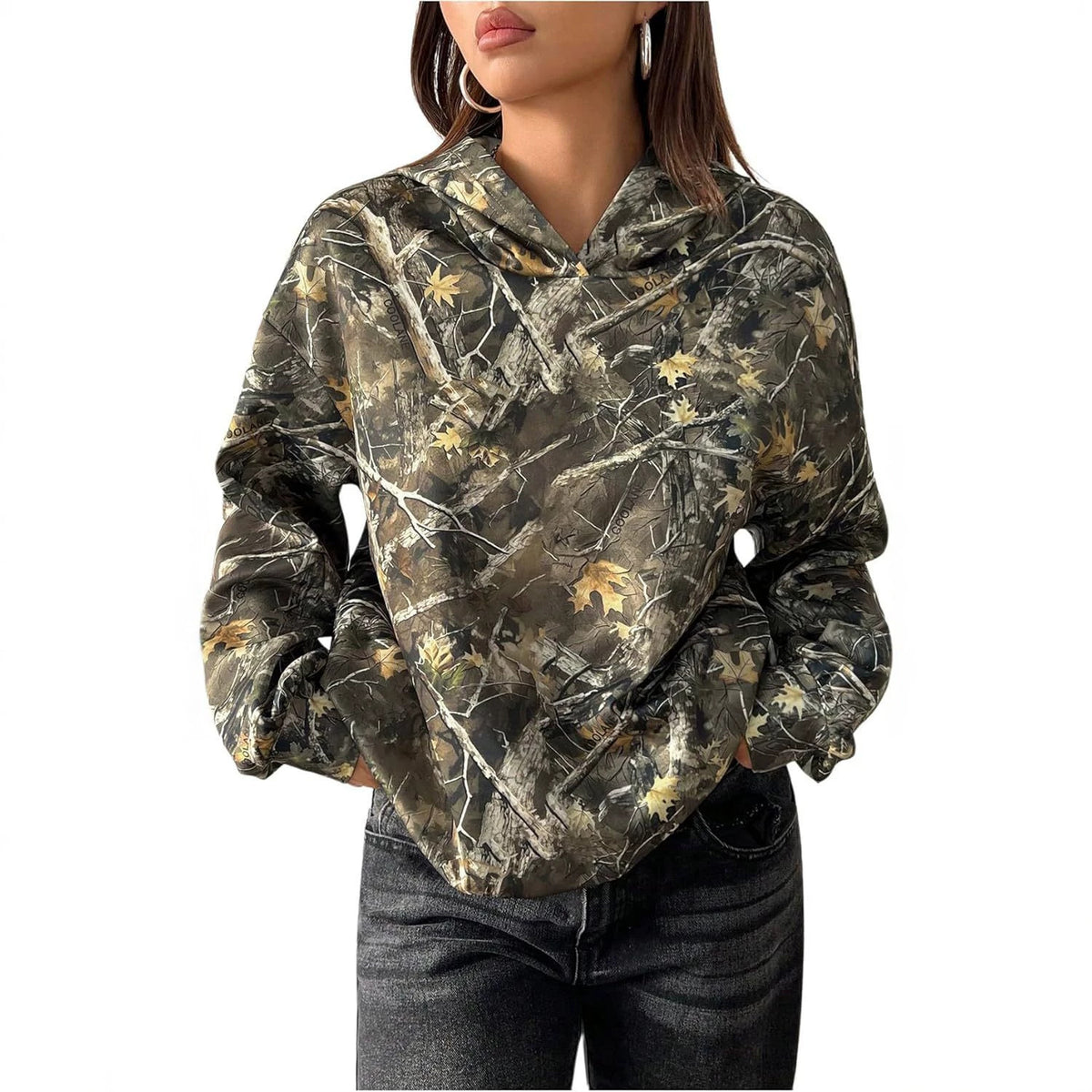 Women’s camouflage pullover hoodie with hood and long sleeves, green and dark tones