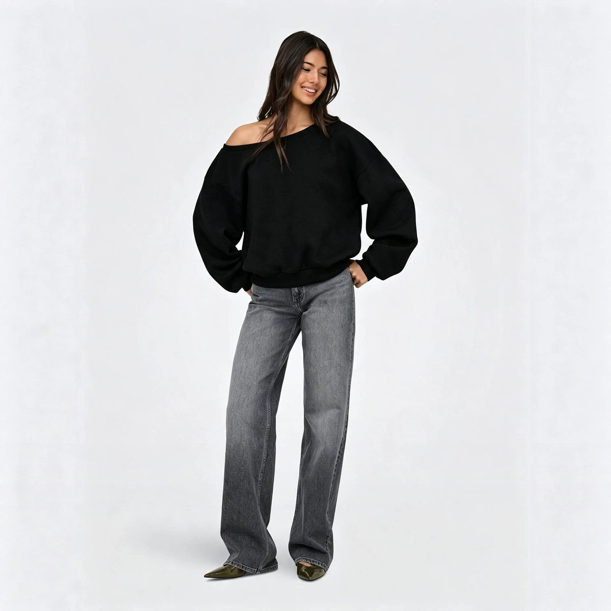 Women’s off-shoulder loose long-sleeve sweatshirt top, black solid, relaxed fit