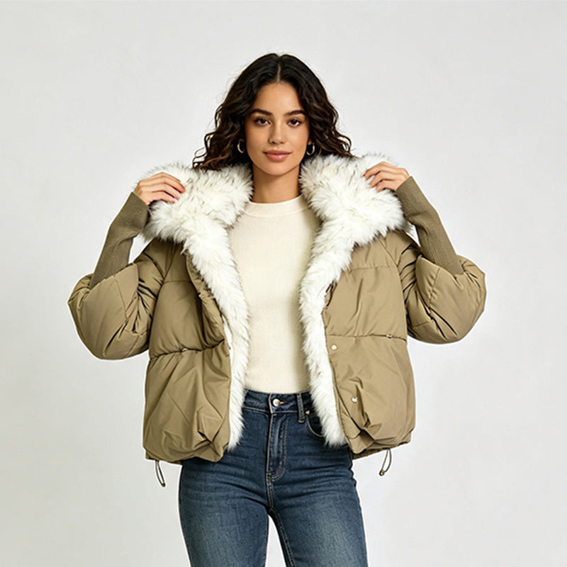 Women’s khaki puffer jacket with white faux fur trim, button front, long sleeves
