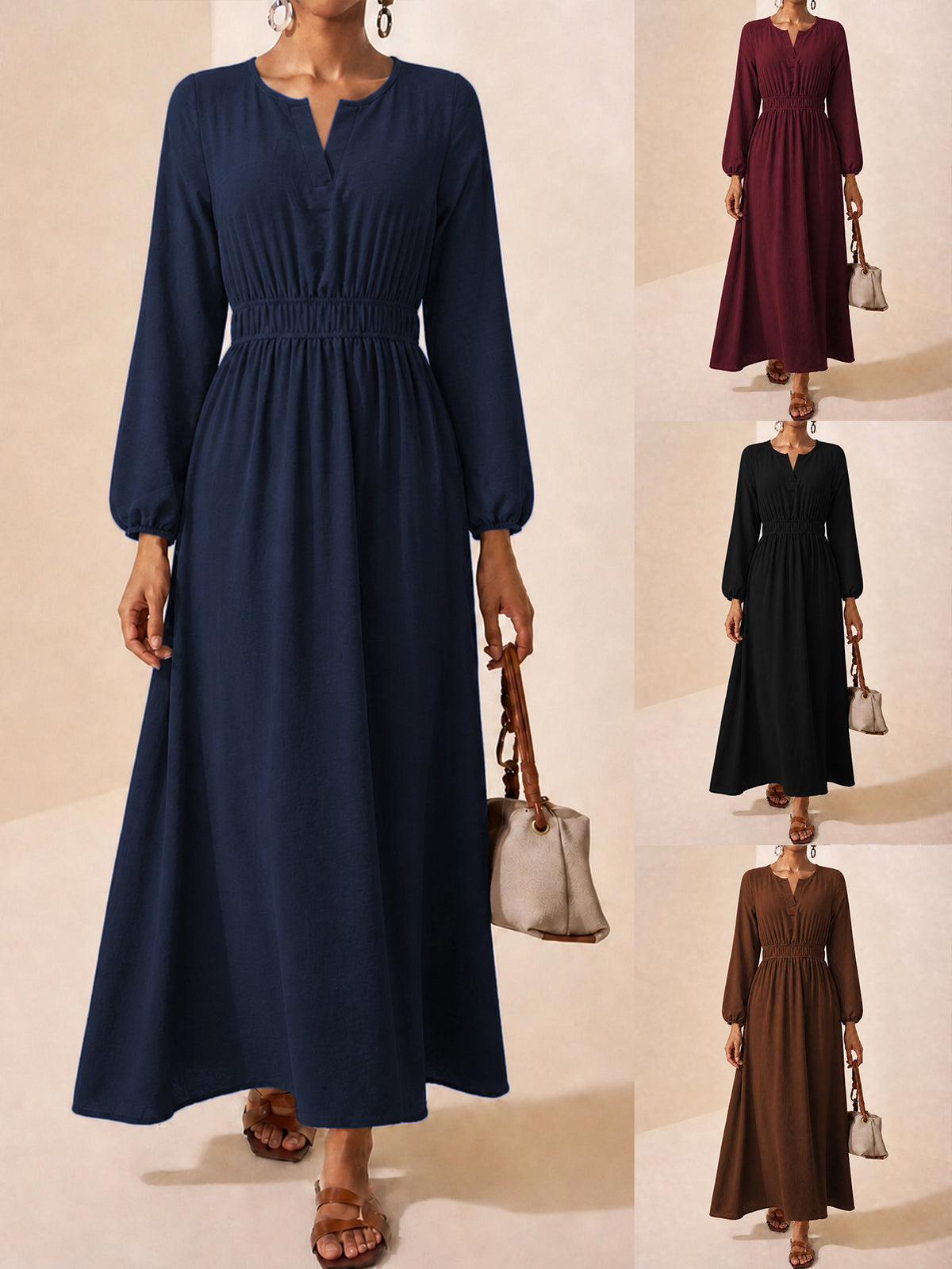 Long Sleeve Maxi Dress — Split Neck Smocked Waist with Lantern Cuffs in Viscose