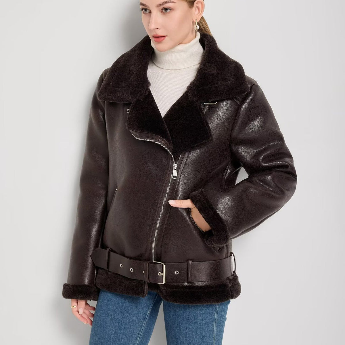 Women’s dark brown leather-look coat with faux-fur collar, zip front and waist belt