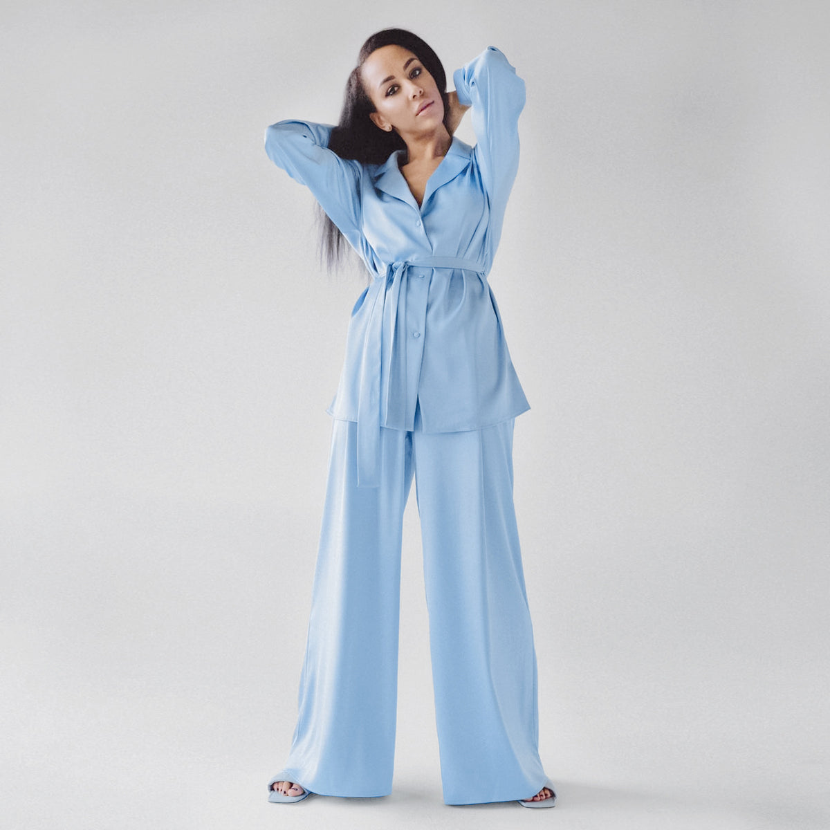 Wide-leg satin-look long pajama pants with tie waist, light blue