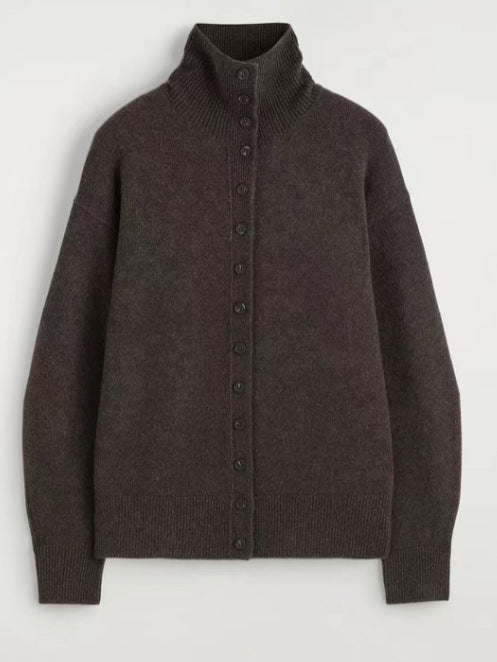 Brown high-neck button-front knit cardigan, long sleeves