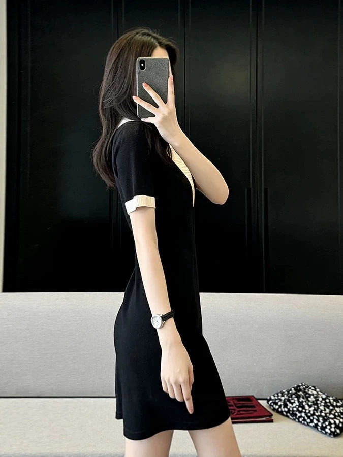 Polo Mini Dress — Contrast Collar Knit with Short Sleeves and Ribbed Hem in Viscose
