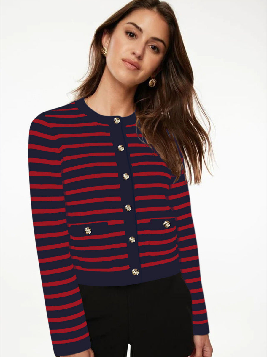 Striped Cardigan for Women — Cropped Gold Button Knit in Soft Merino Wool