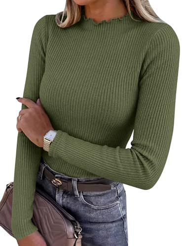 Mock Neck Top for Women — Fitted Ribbed Long Sleeve Knit with Lettuce Trim in Viscose