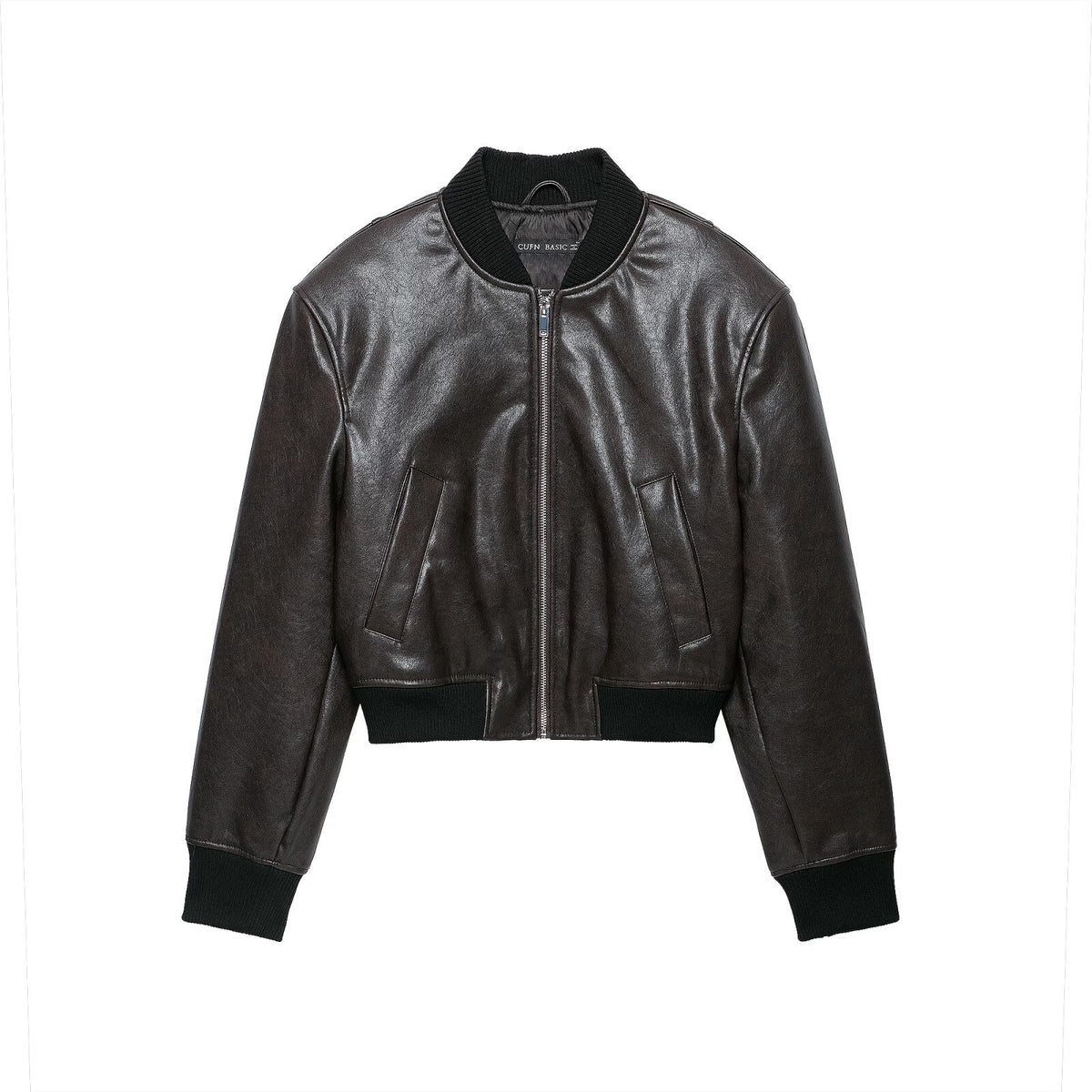 Front view of a black leather-effect bomber jacket with zip closure and ribbed trim