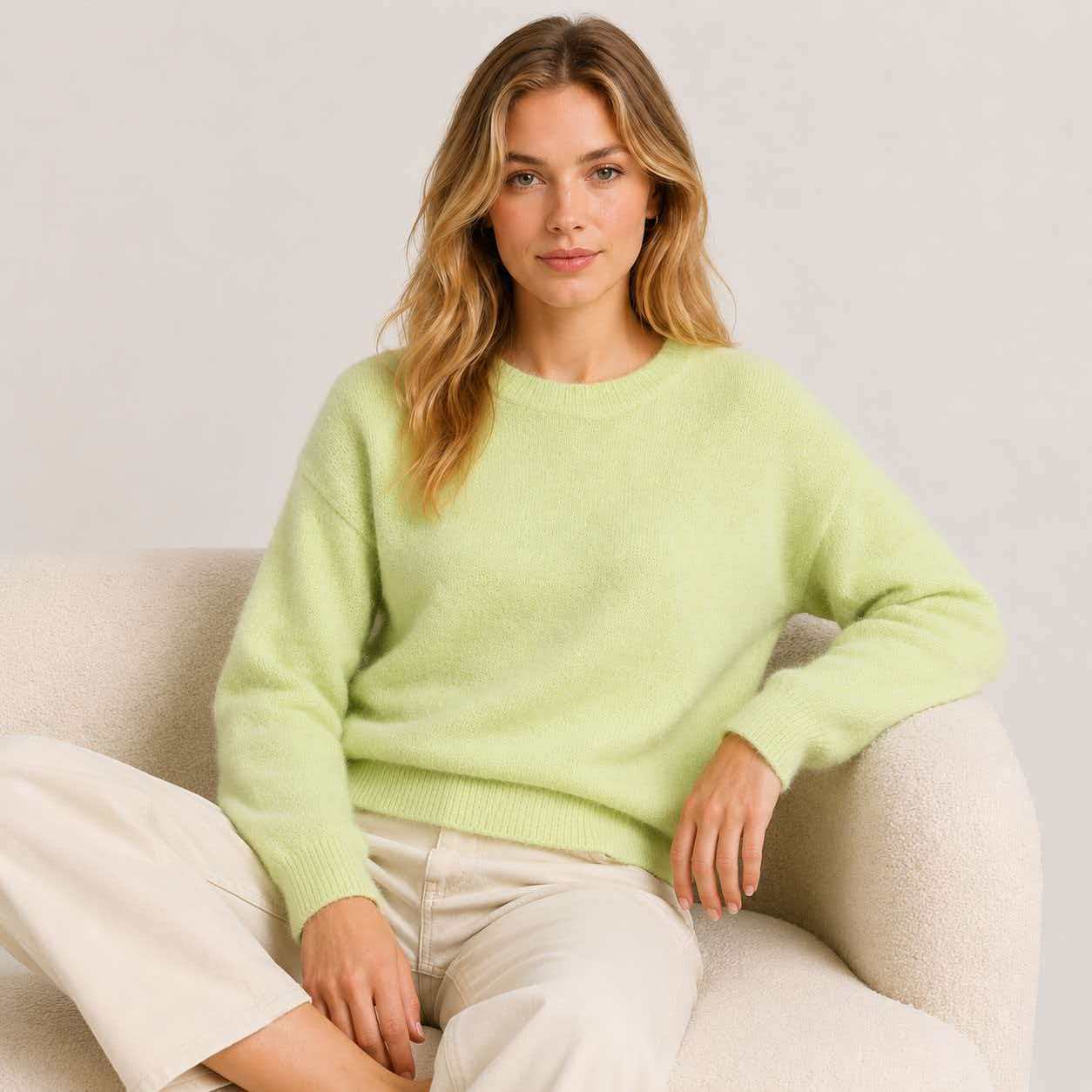 Fuzzy Crew Neck Sweater for Women — Soft Brushed Pullover Knit in Mohair