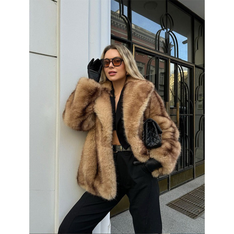 Brown short fur jacket with open front and wide collar