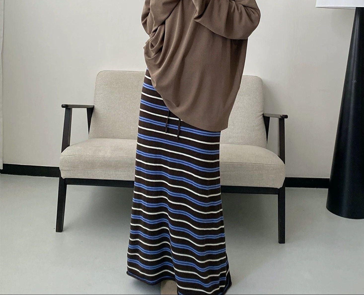 Striped Knit Maxi Skirt — A Line Silhouette with Drawstring Waist in Wool Blend