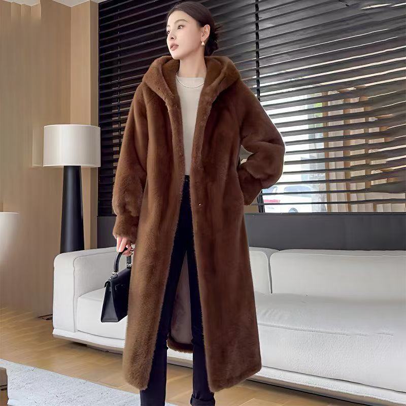 Dark brown long hooded faux fur coat with shawl collar and draped pockets