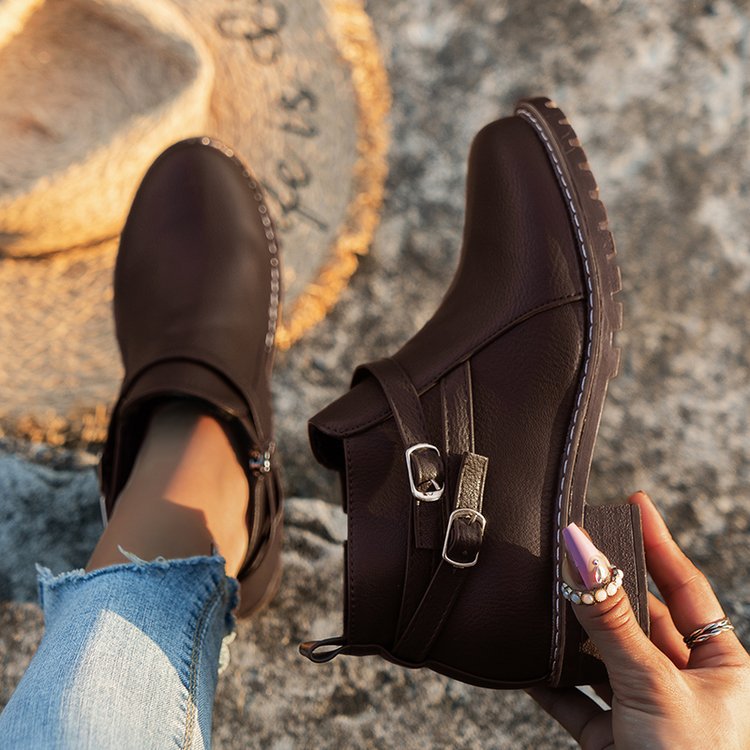 Leather Ankle Boots for Women — Low Block Heel Booties with Buckle Straps