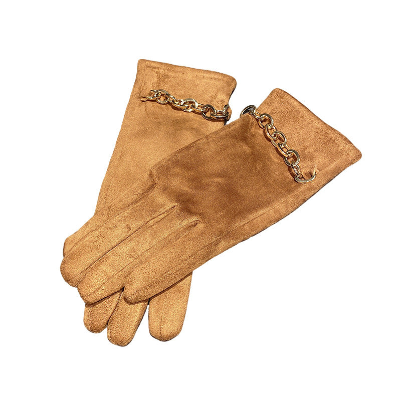 Tan suede winter gloves, five-finger style, gold chain cuff detail on a pair.