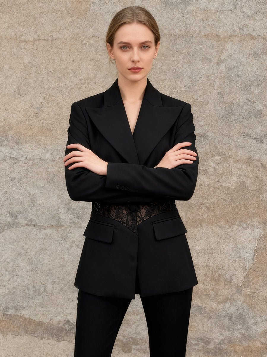 Women's black blazer with sheer lace corset-waist cutout and front patch pockets