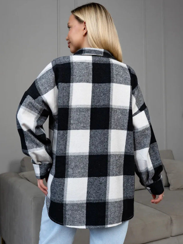 Oversized black and white plaid shacket shirt jacket, button front and patch pockets