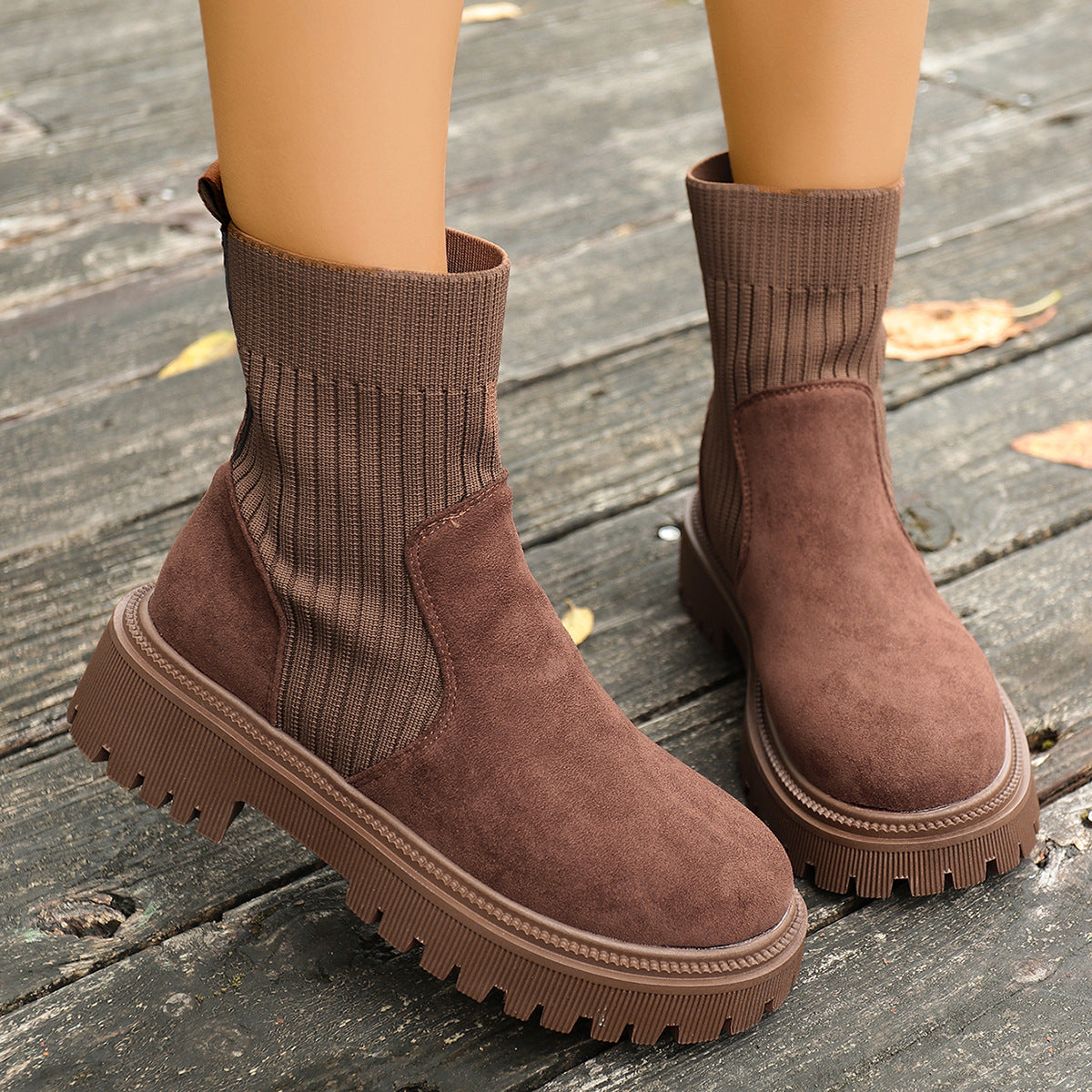 Brown suede-look knit sock short boots with thick lug sole, pull-on