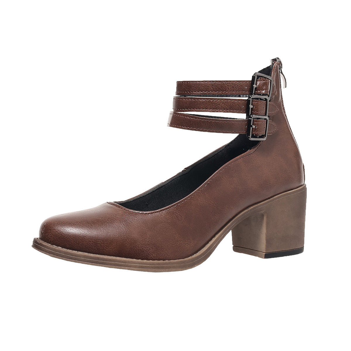 Brown heeled ankle boots with side buckle strap and rounded toe