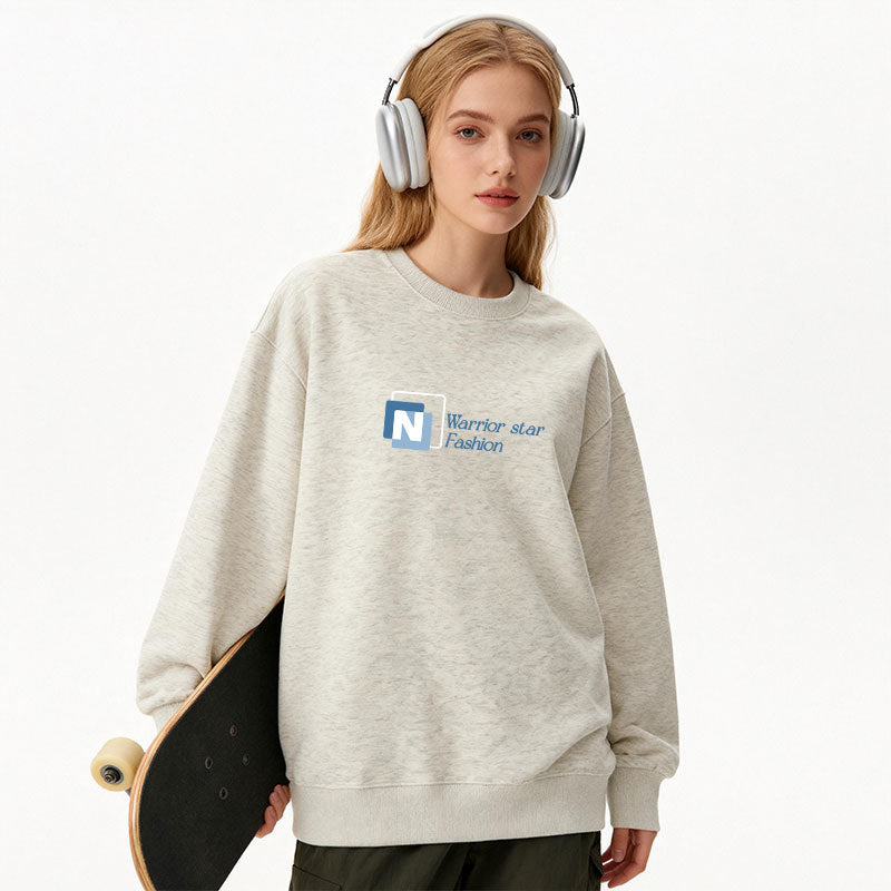 Light gray crew-neck pullover sweatshirt with long sleeves and chest logo print