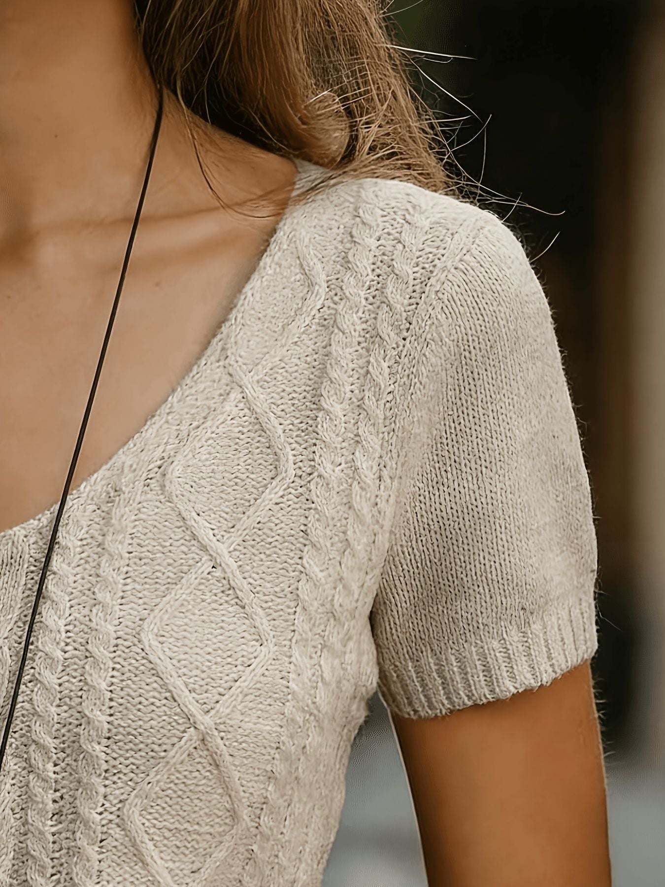 Short Sleeve Cable Knit Sweater — V Neck Pullover Top for Women in Soft Wool Blend