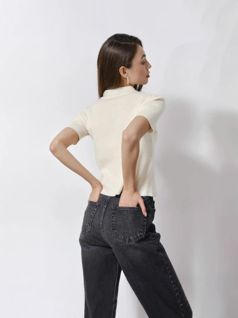 Women’s ribbed short-sleeve zipper cardigan T-shirt, off-white (back view)