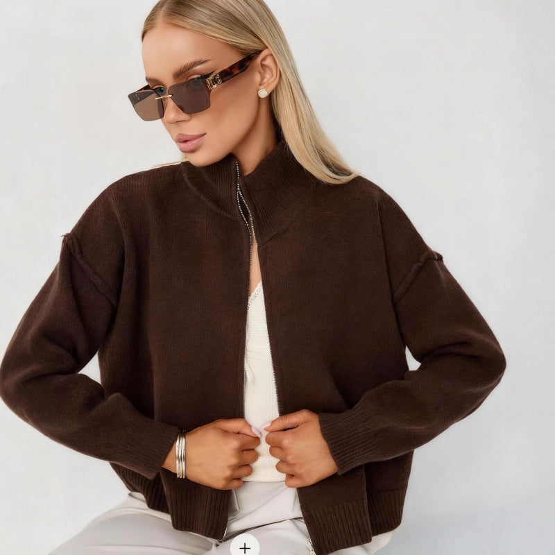 Women’s oversized zip-up cardigan sweater, dark brown funnel neck, ribbed cuffs.