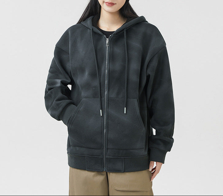 Dark gray hooded zip cardigan sweatshirt with drawstring hood and front pockets