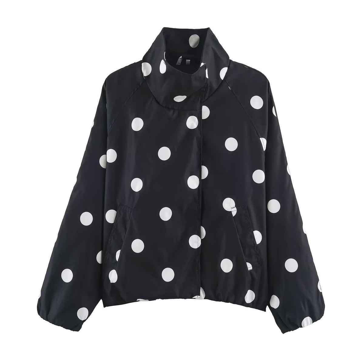 Black polka-dot bomber jacket with zip front, stand collar, and cuffs