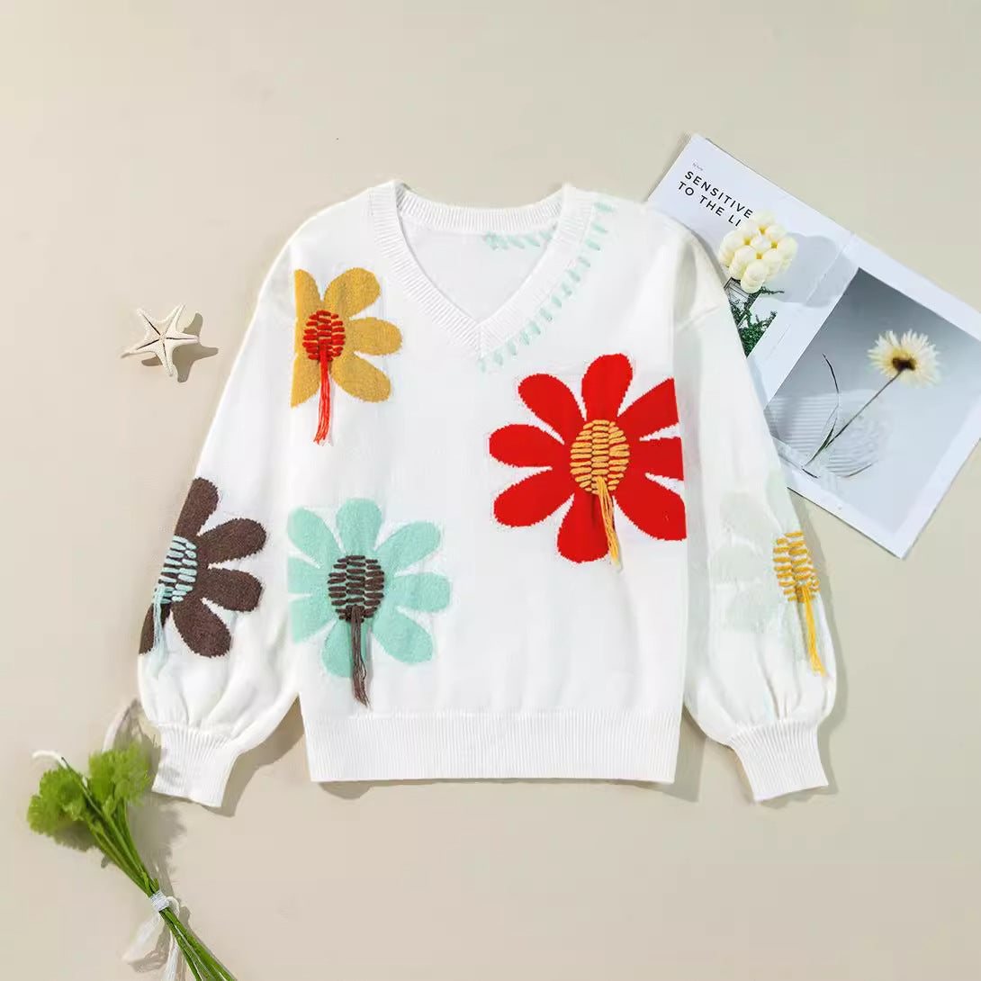 Floral Sweater for Women — Oversized V Neck Knit with Embroidered Blooms in Wool