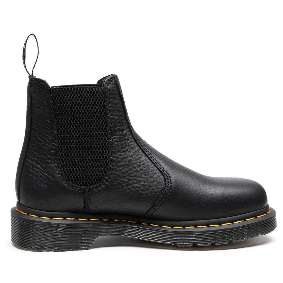 Black leather Chelsea boot with elastic side gore and yellow-stitch platform sole