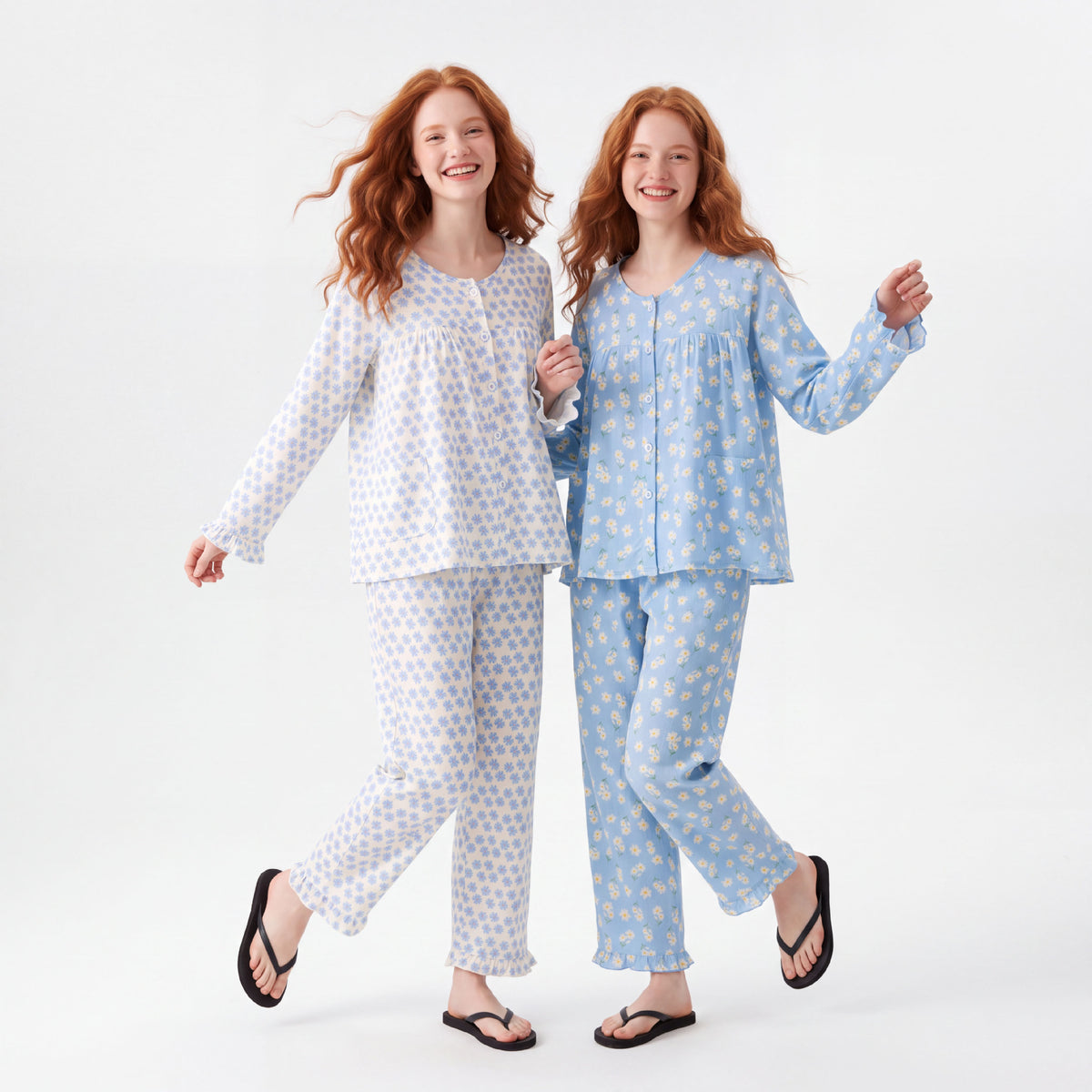 Women’s floral cotton pajama set, light blue long raglan cardigan and matching pants