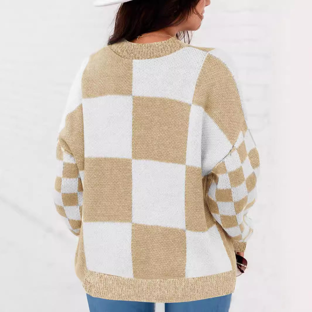 Checkered Knit Sweater for Women — Oversized Crew Neck Pullover with Balloon Sleeves in Brushed Wool