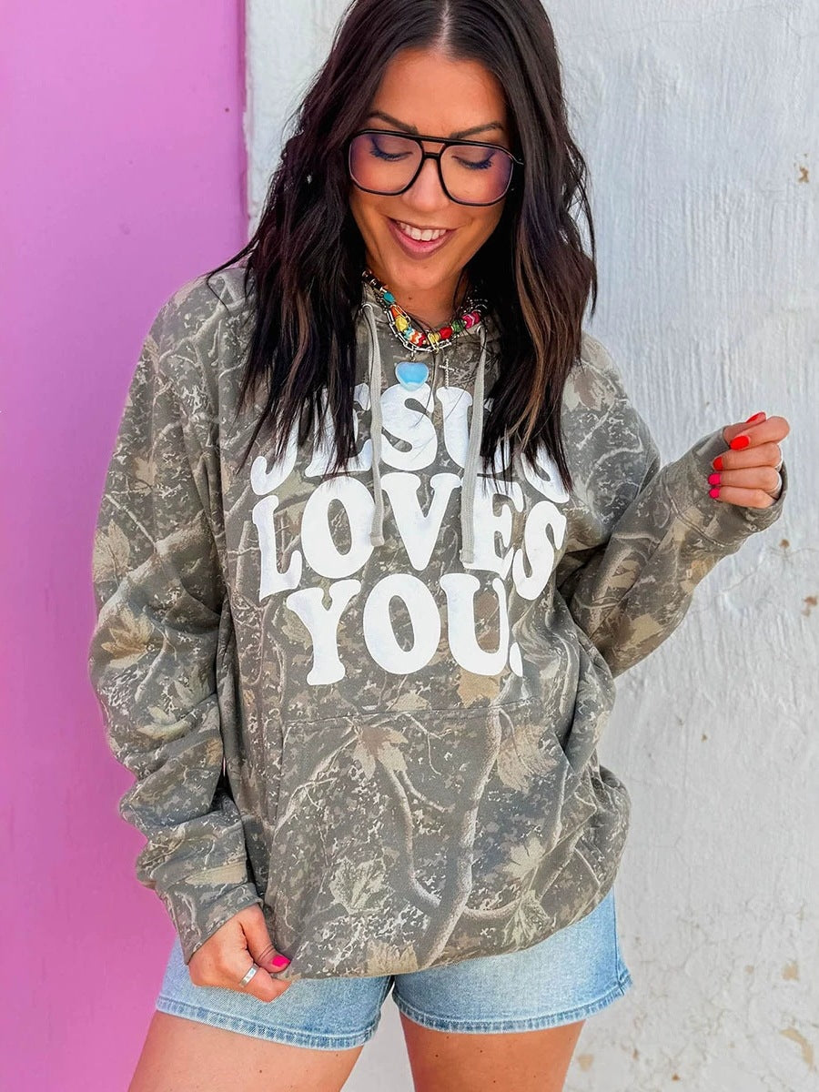 Gray camouflage hooded sweatshirt with drawstring, long sleeves, front LOVE YOU graphic