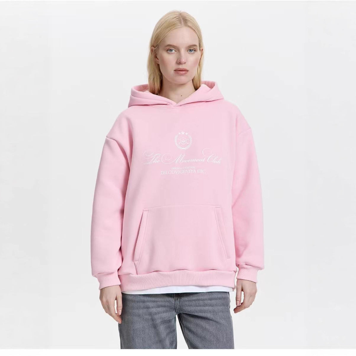 Pink velvet hooded sweatshirt with front pouch and chest logo print
