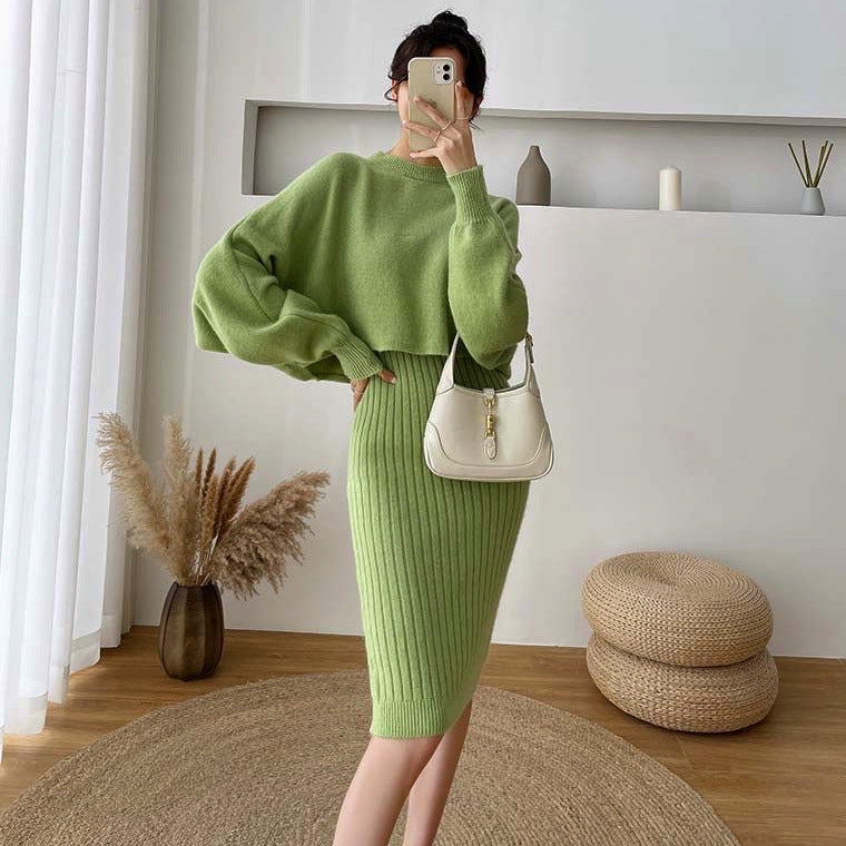 Sweater Dress Set — Cropped Crew Neck Knit Top with Ribbed Midi Cami Dress in Merino Wool