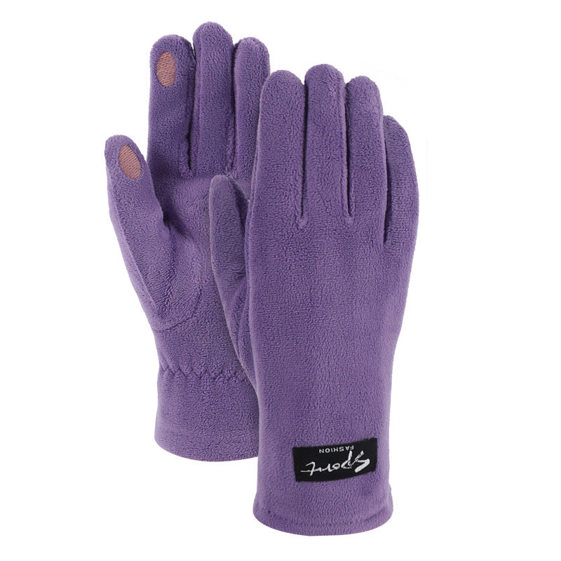 Fleece touch-screen gloves in purple, full-finger design with padded palms