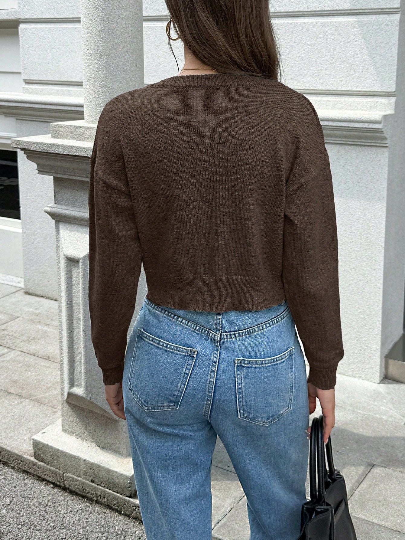 Cropped Cardigan for Women — Round Neck Gold Button Knit Layer in Soft Wool