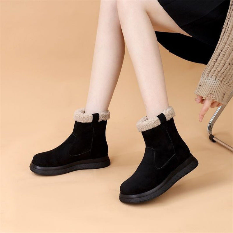 Black suede short boots with fluffy fleece cuff and cushioned lining, grippy outsole