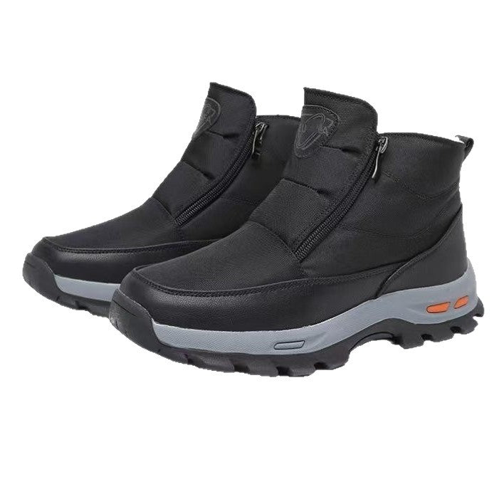 Black mid-calf winter boots with double side zippers and thick treaded outsole