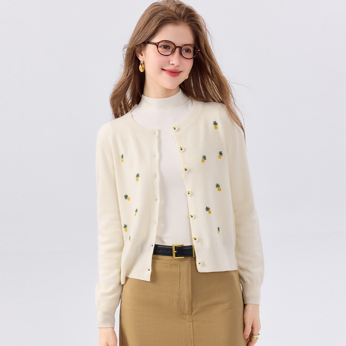 Cream wool cardigan sweater, round neck, button-front, long sleeves, colorful fruit print