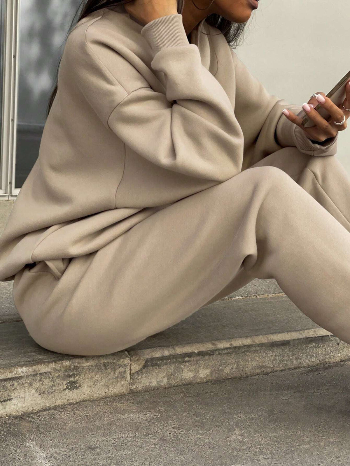 Beige zipper lapel two-piece suit jacket set