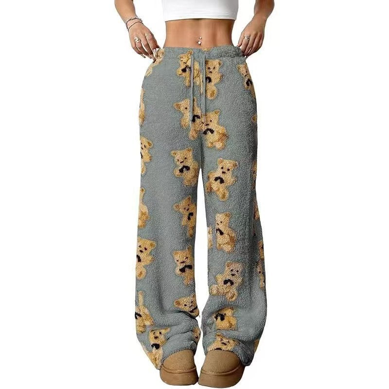 Loose fleece pants in heather gray with teddy bear print, drawstring waist