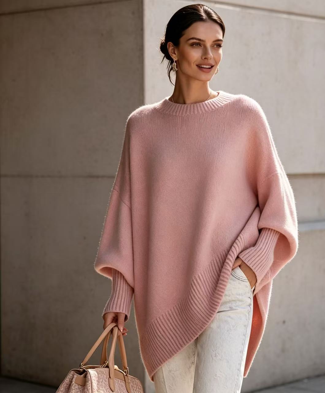 Women’s loose knit sweater, light pink solid color, round neckline, poncho-style drape