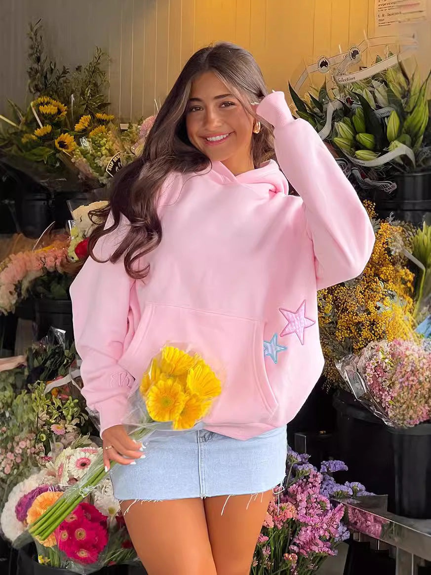 Star Patch Hoodie for Women — Oversized Pullover with Kangaroo Pocket in Cotton Fleece