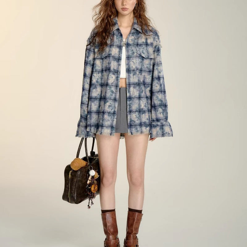 Plaid Shirt for Women — Oversized Tie Dye Wash with Frayed Trims in Lightweight Cotton