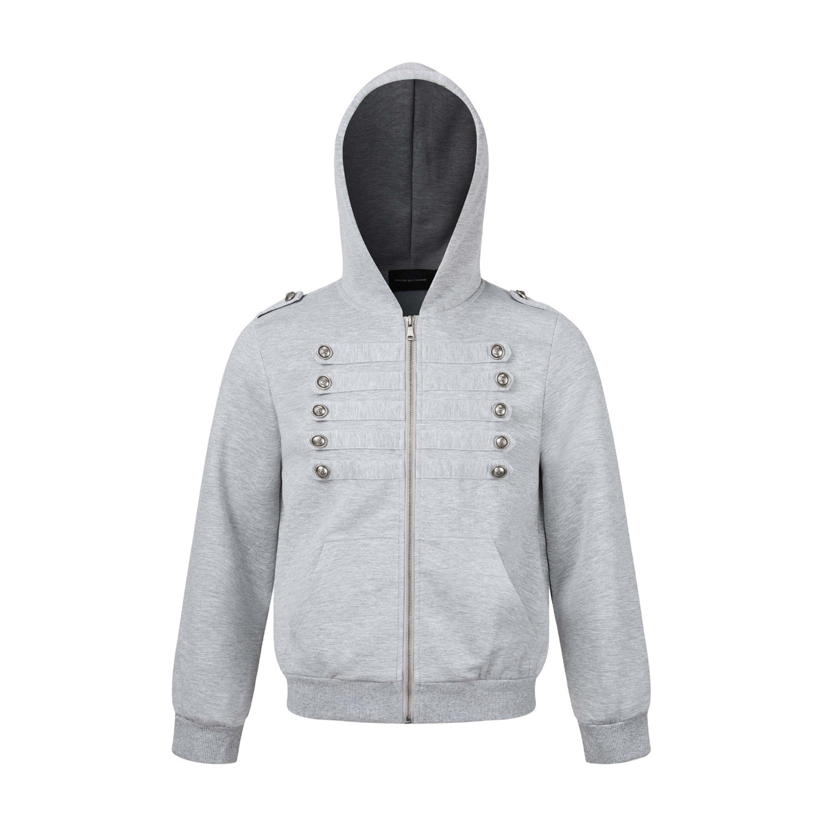 Light gray hooded zip cardigan sweatshirt with metal double-breasted buttons and pockets