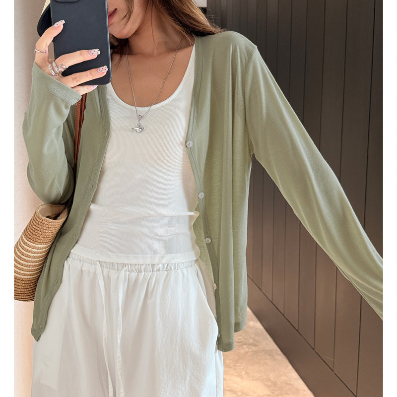 Lightweight cropped V-neck cardigan with one-button front in sage green, long sleeves