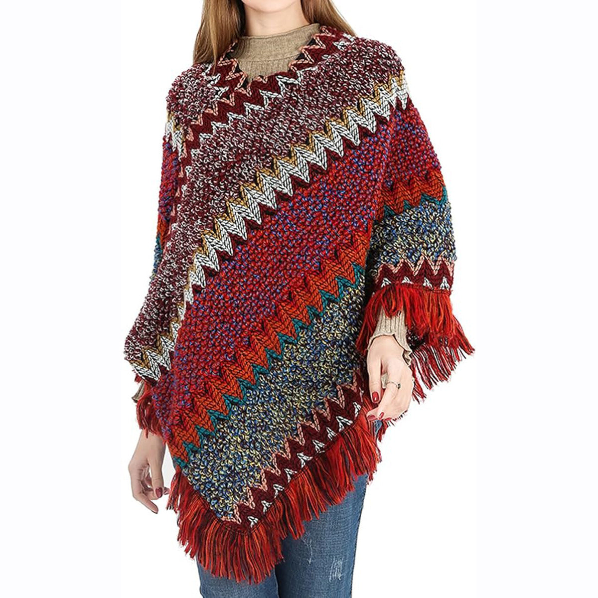 Knit Poncho for Women — Chevron Fringe Trim with Boho V Neck Drape in Soft Wool