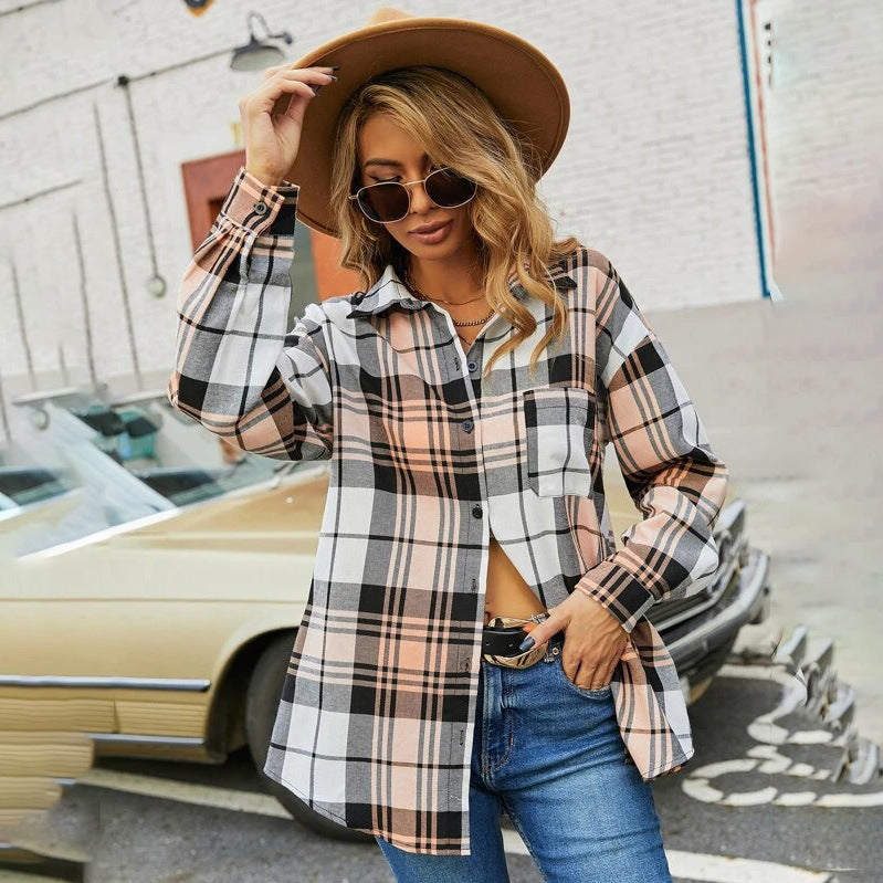 Women’s beige, black, and rust plaid flannel button-down shirt with collar