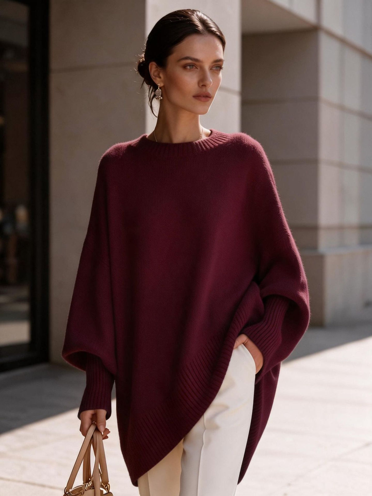 Plus-size knit sweater, solid wine red, round neck pullover with loose batwing sleeves